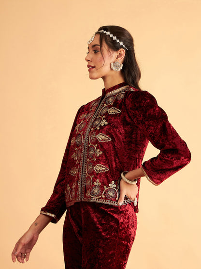 Maroon Velvet Front Embroidered Jacket