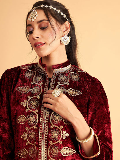 Maroon Velvet Front Embroidered Jacket