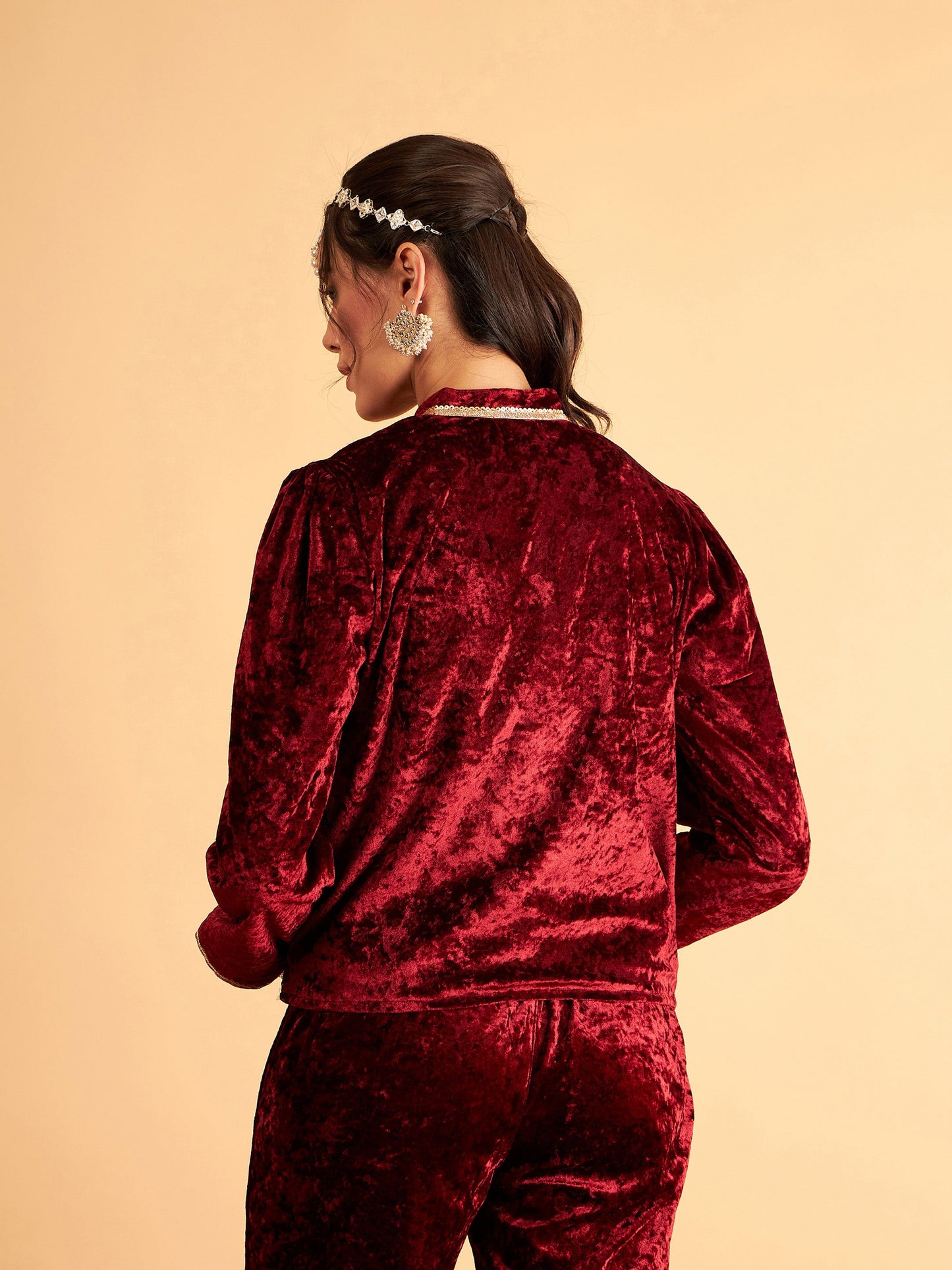 Maroon Velvet Front Embroidered Jacket