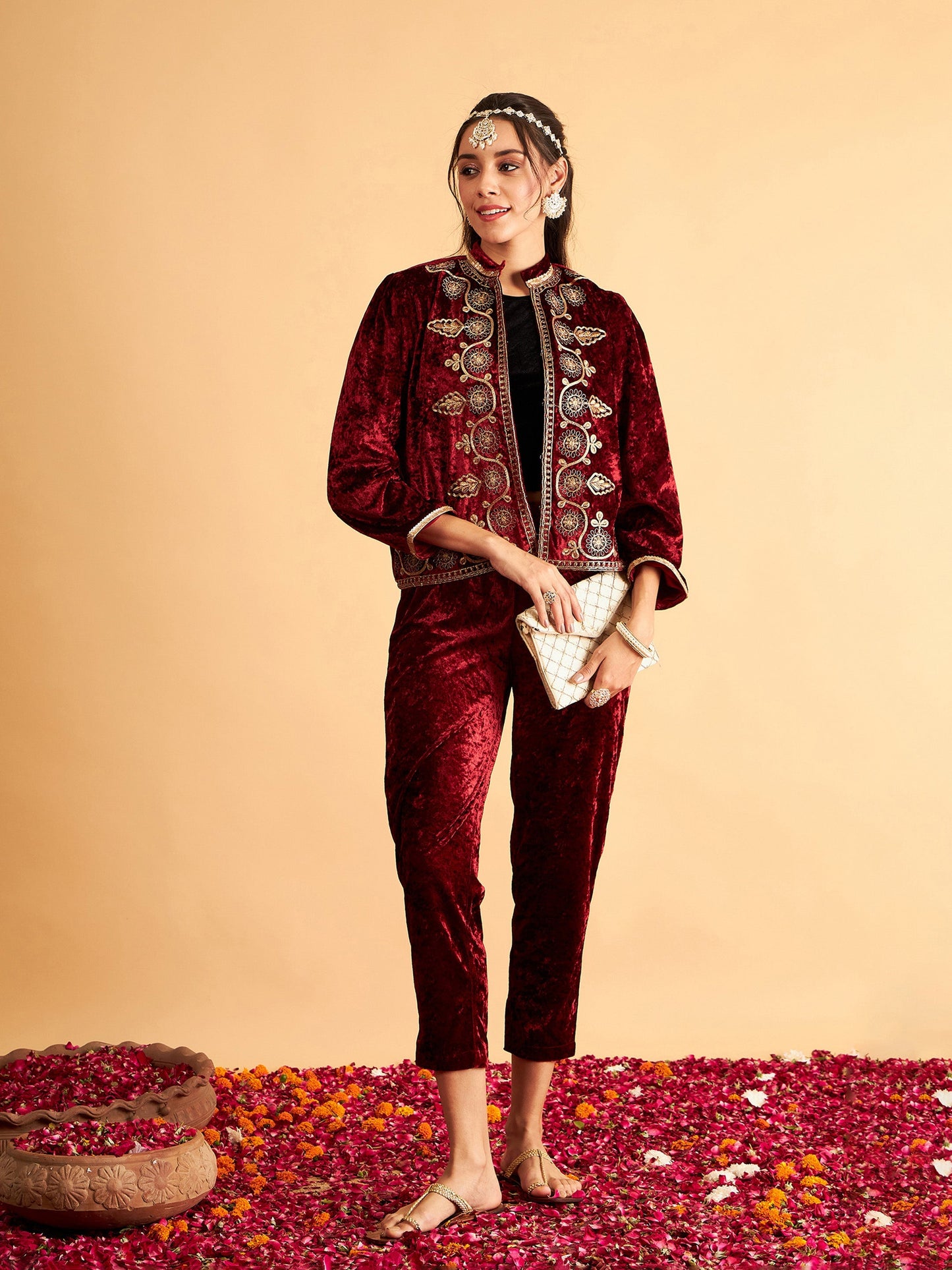 Maroon Velvet Front Embroidered Jacket