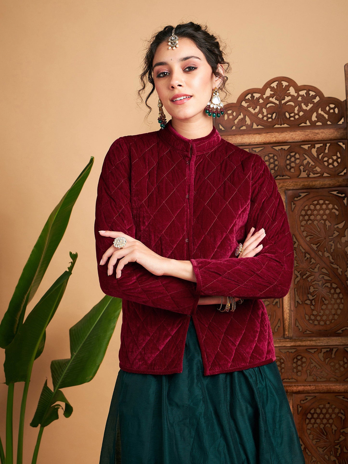 Maroon Velvet Quilted Jacket