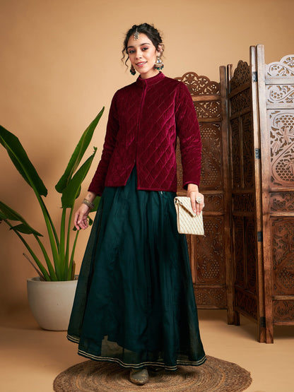 Maroon Velvet Quilted Jacket