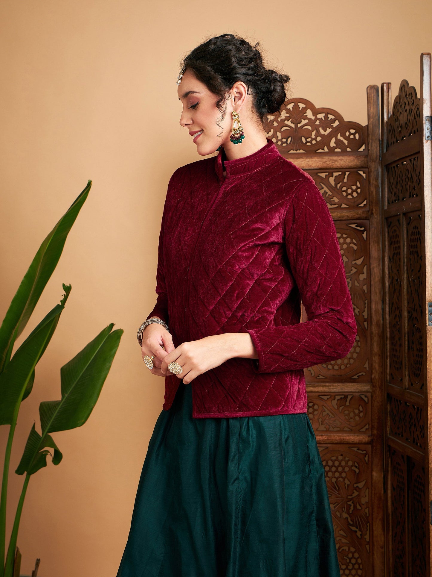 Maroon Velvet Quilted Jacket