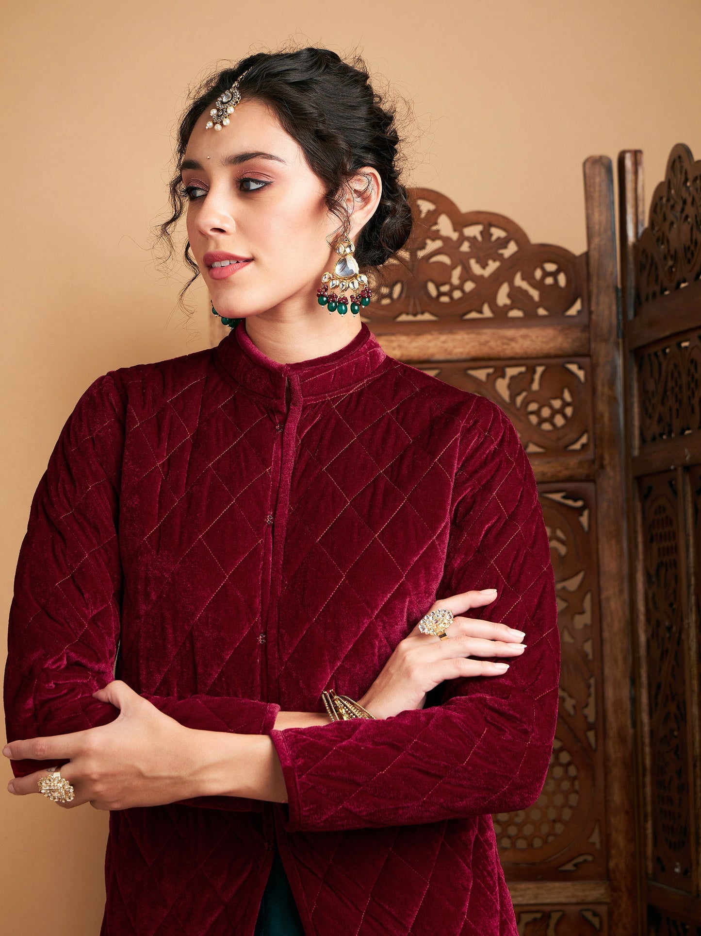 Maroon Velvet Quilted Jacket
