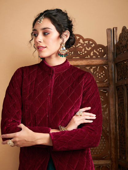 Maroon Velvet Quilted Jacket