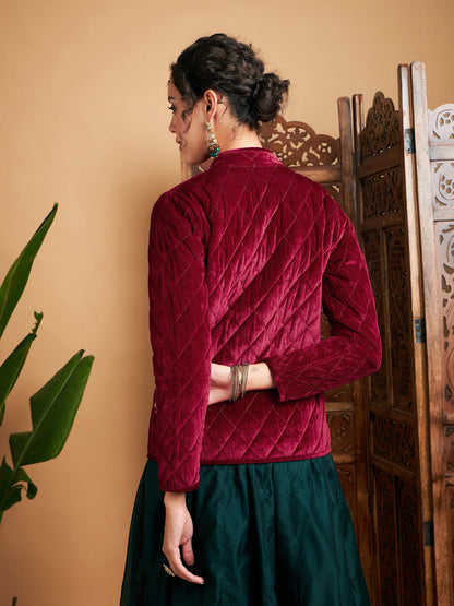 Maroon Velvet Quilted Jacket