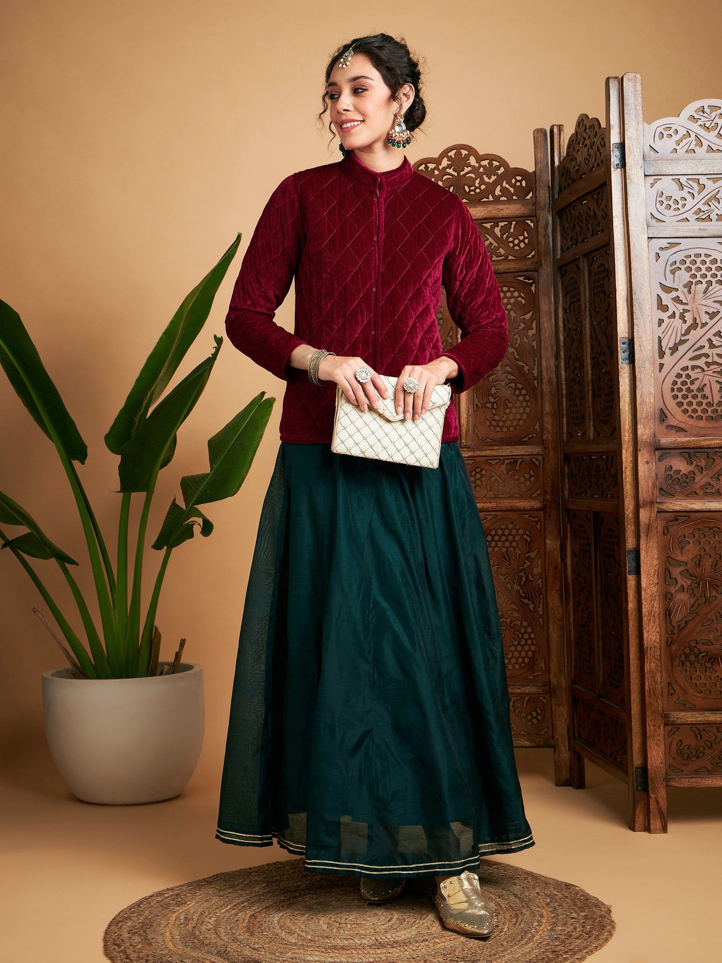 Maroon Velvet Quilted Jacket