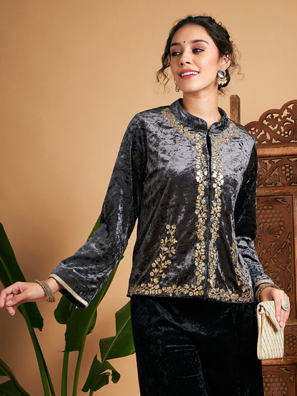 Grey Velvet Embroidered Jacket