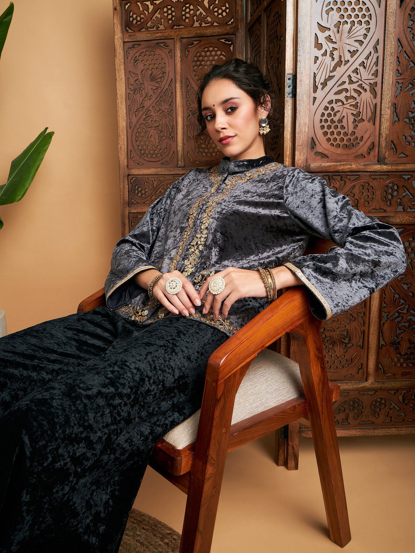 Grey Velvet Embroidered Jacket