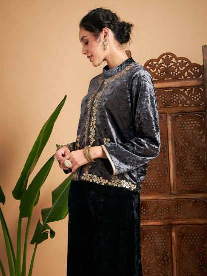 Grey Velvet Embroidered Jacket