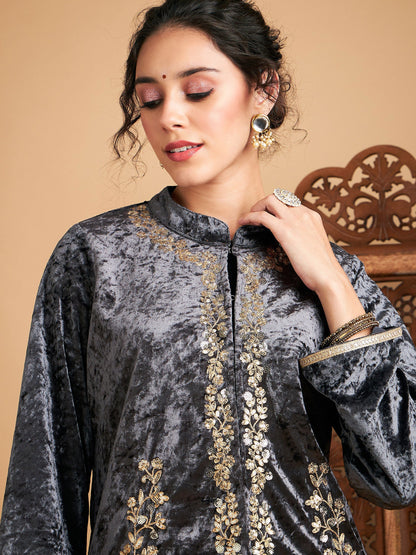 Grey Velvet Embroidered Jacket