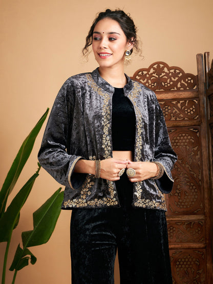 Grey Velvet Embroidered Jacket