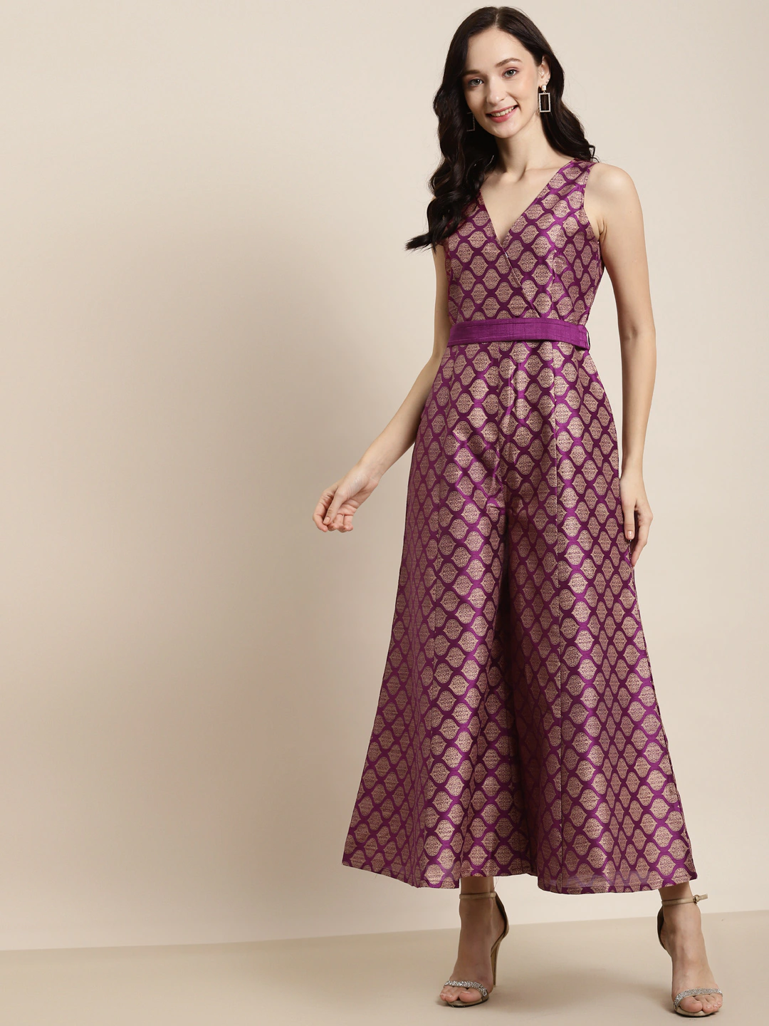 Purple Foil Print Fabric-Belt Jumpsuit