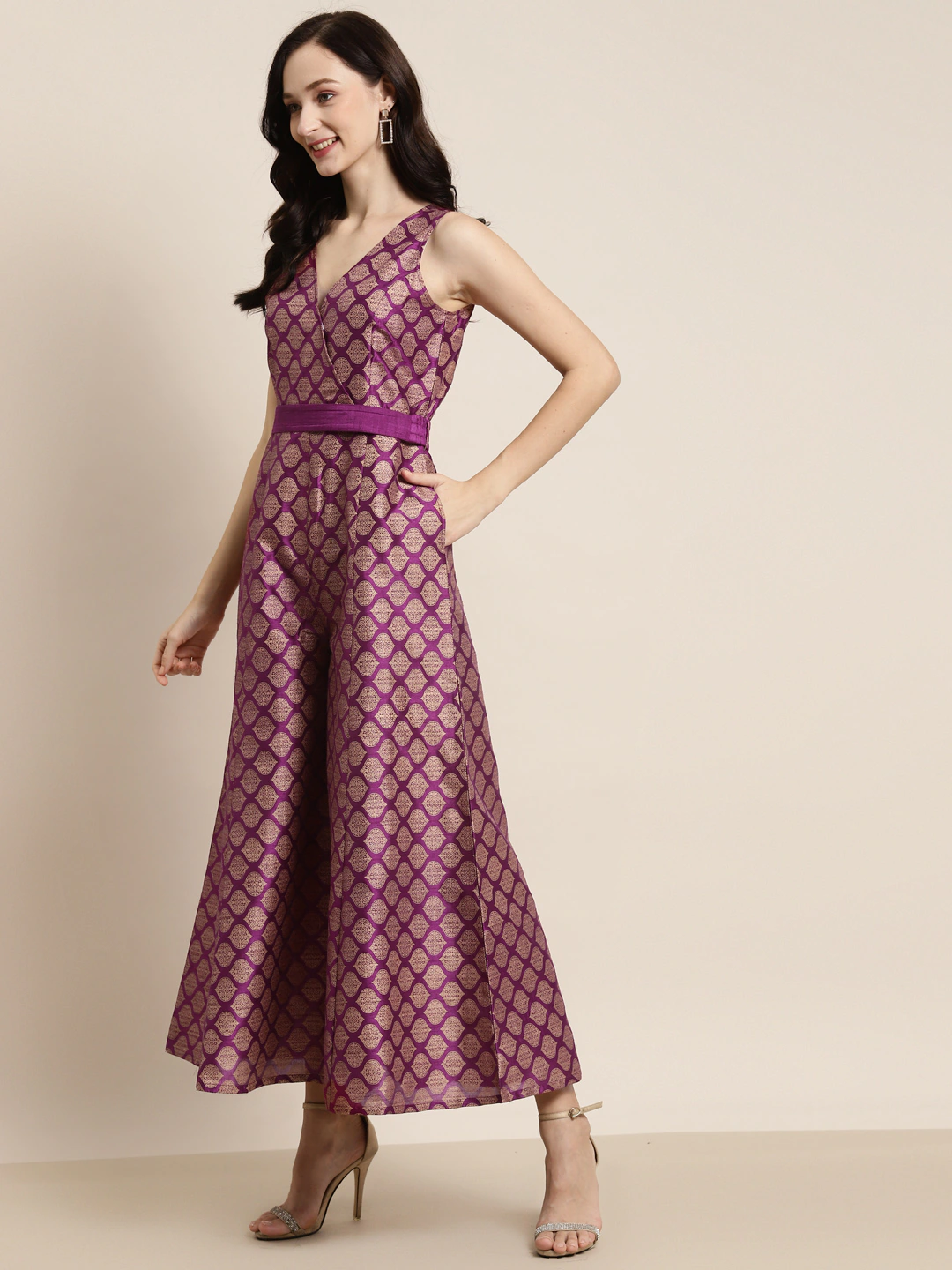 Purple Foil Print Fabric-Belt Jumpsuit