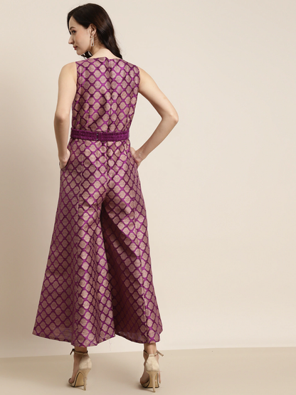 Purple Foil Print Fabric-Belt Jumpsuit