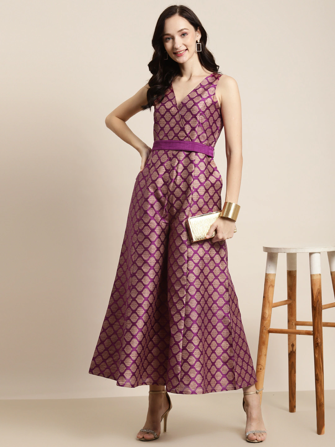 Purple Foil Print Fabric-Belt Jumpsuit