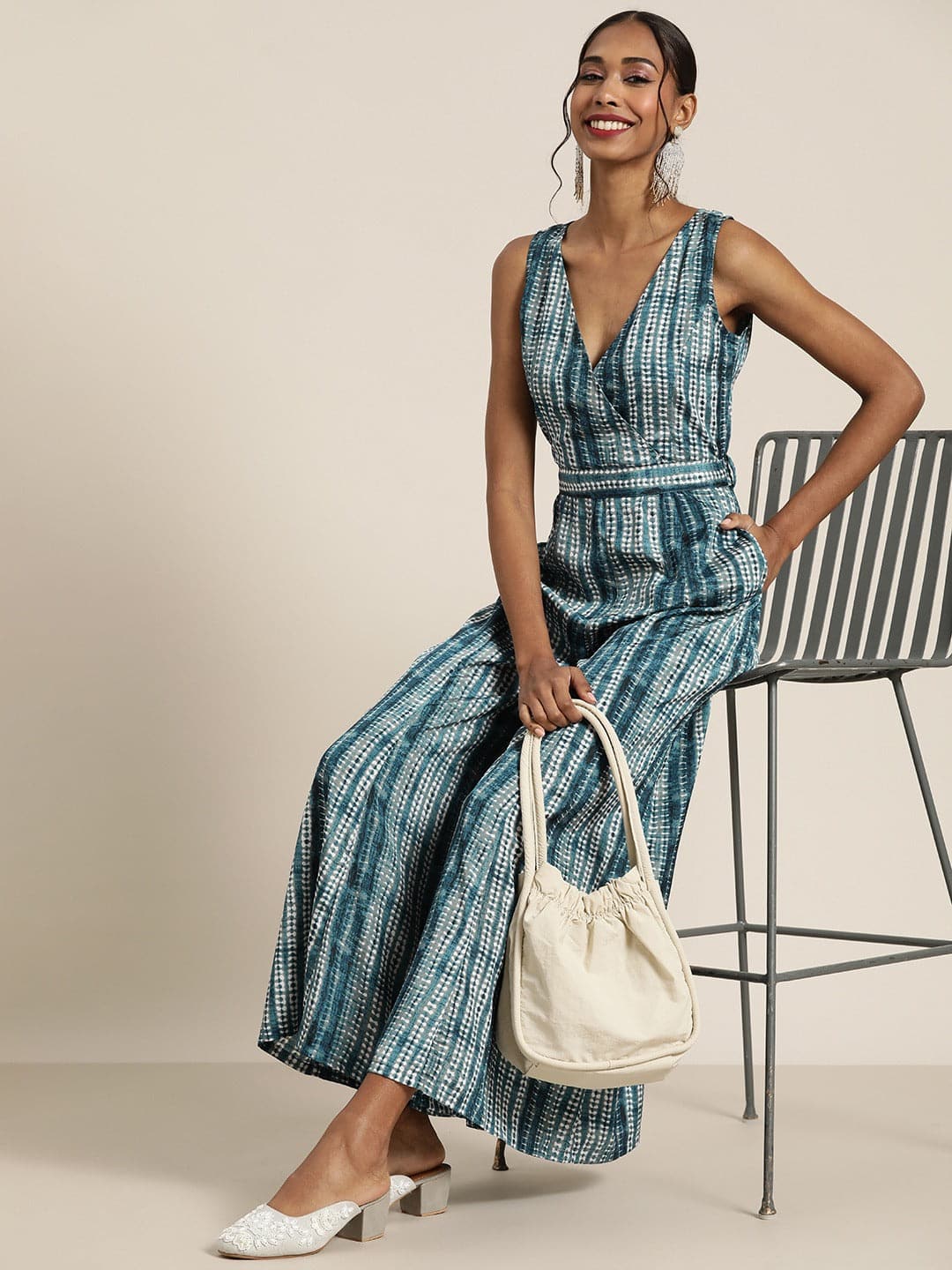 Women Teal Shibori Sleeveless Wrap Jumpsuit-Jumpsuits-SASSAFRAS