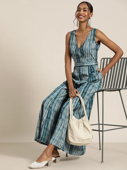 Women Teal Shibori Sleeveless Wrap Jumpsuit-Jumpsuits-SASSAFRAS