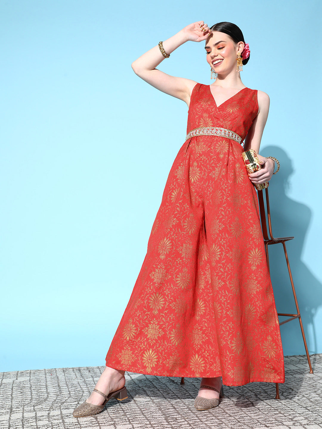 Orange Broacde Floral Wrap Kali Jumpsuit
