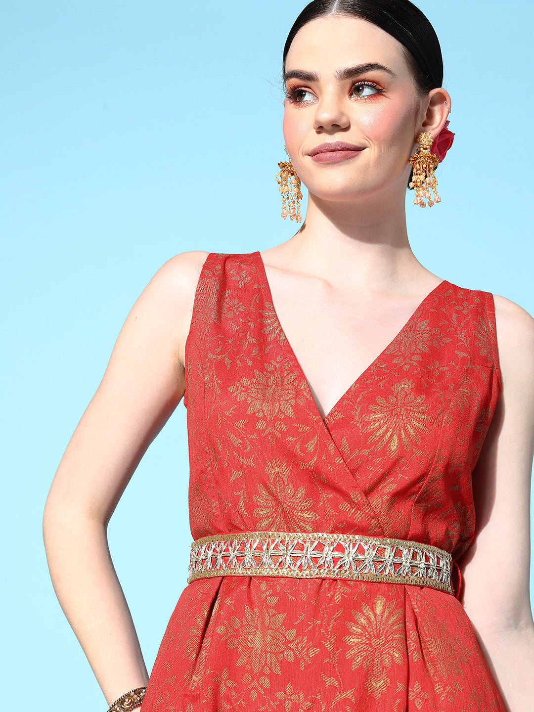 Orange Broacde Floral Wrap Kali Jumpsuit