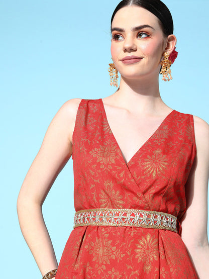 Orange Broacde Floral Wrap Kali Jumpsuit