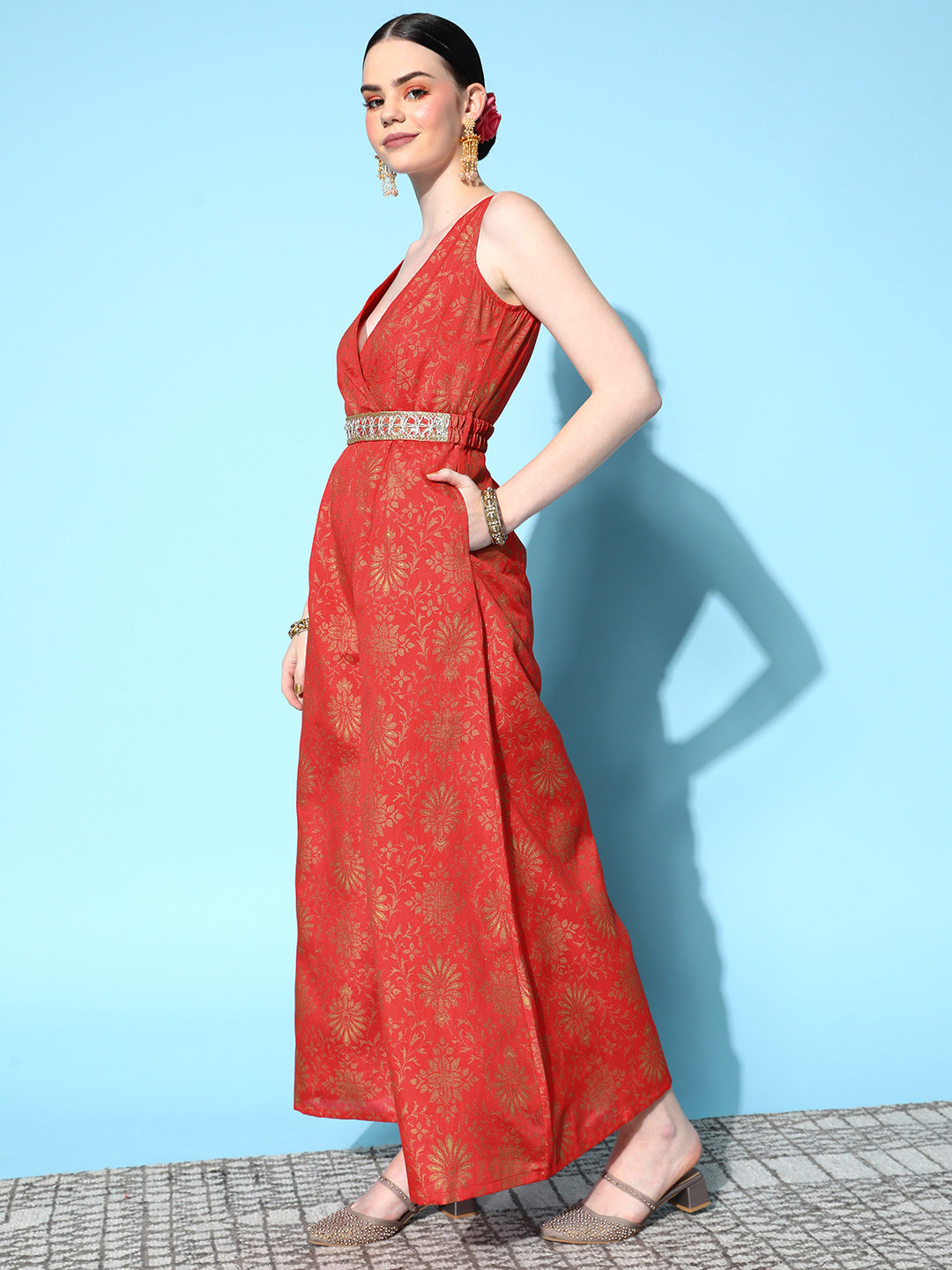Orange Broacde Floral Wrap Kali Jumpsuit