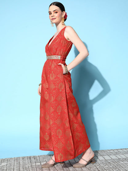 Orange Broacde Floral Wrap Kali Jumpsuit