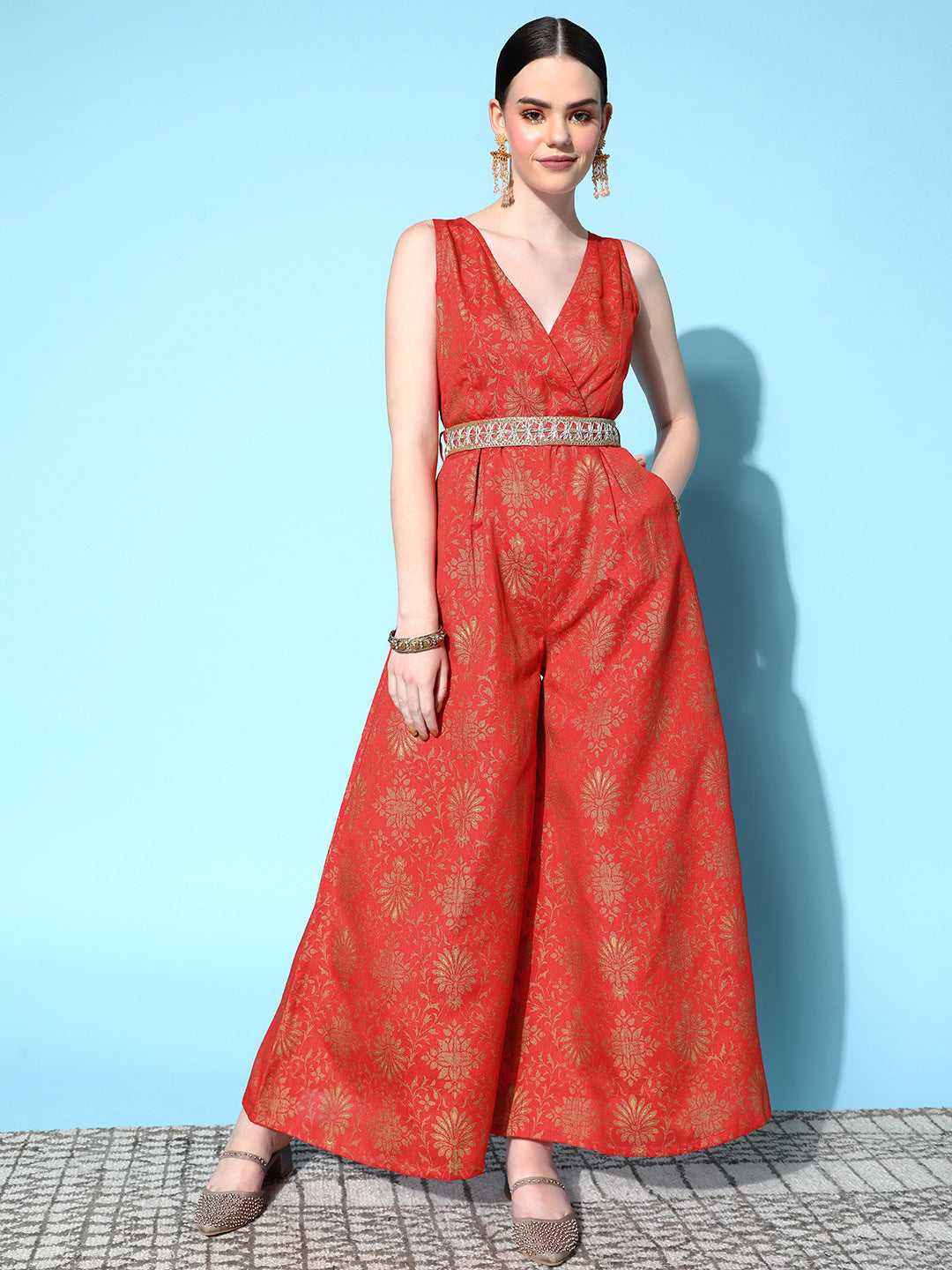 Orange Broacde Floral Wrap Kali Jumpsuit