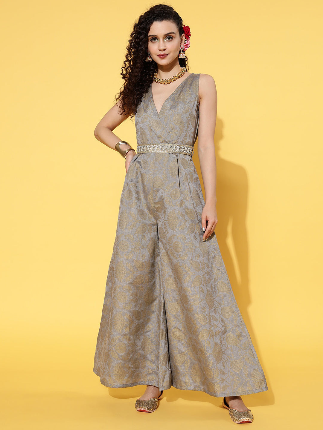 Grey Brocade Floral Wrap Kali Jumpsuit