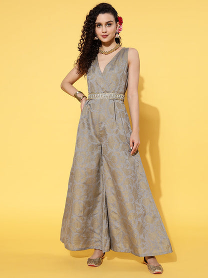 Grey Brocade Floral Wrap Kali Jumpsuit