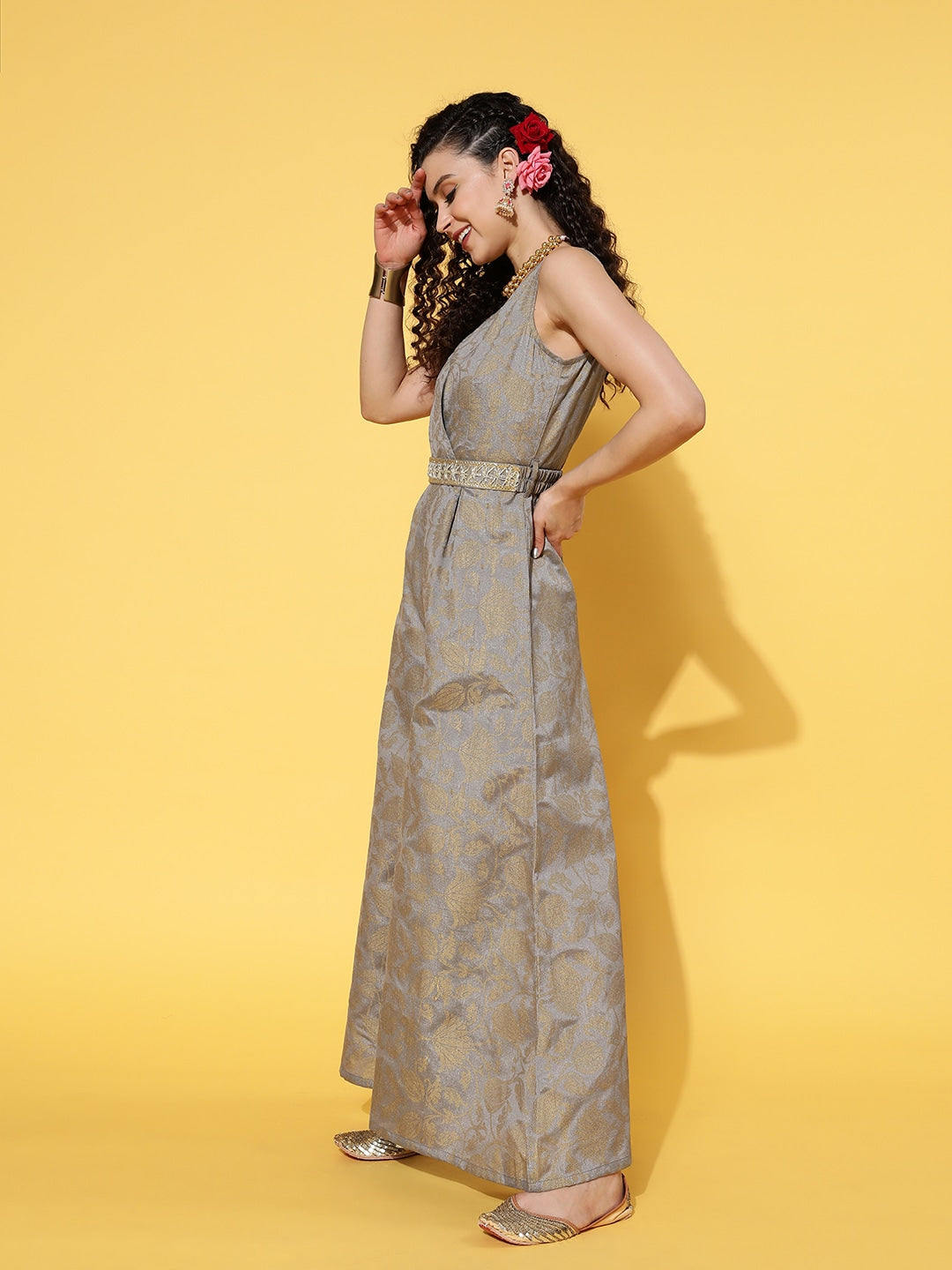 Grey Brocade Floral Wrap Kali Jumpsuit
