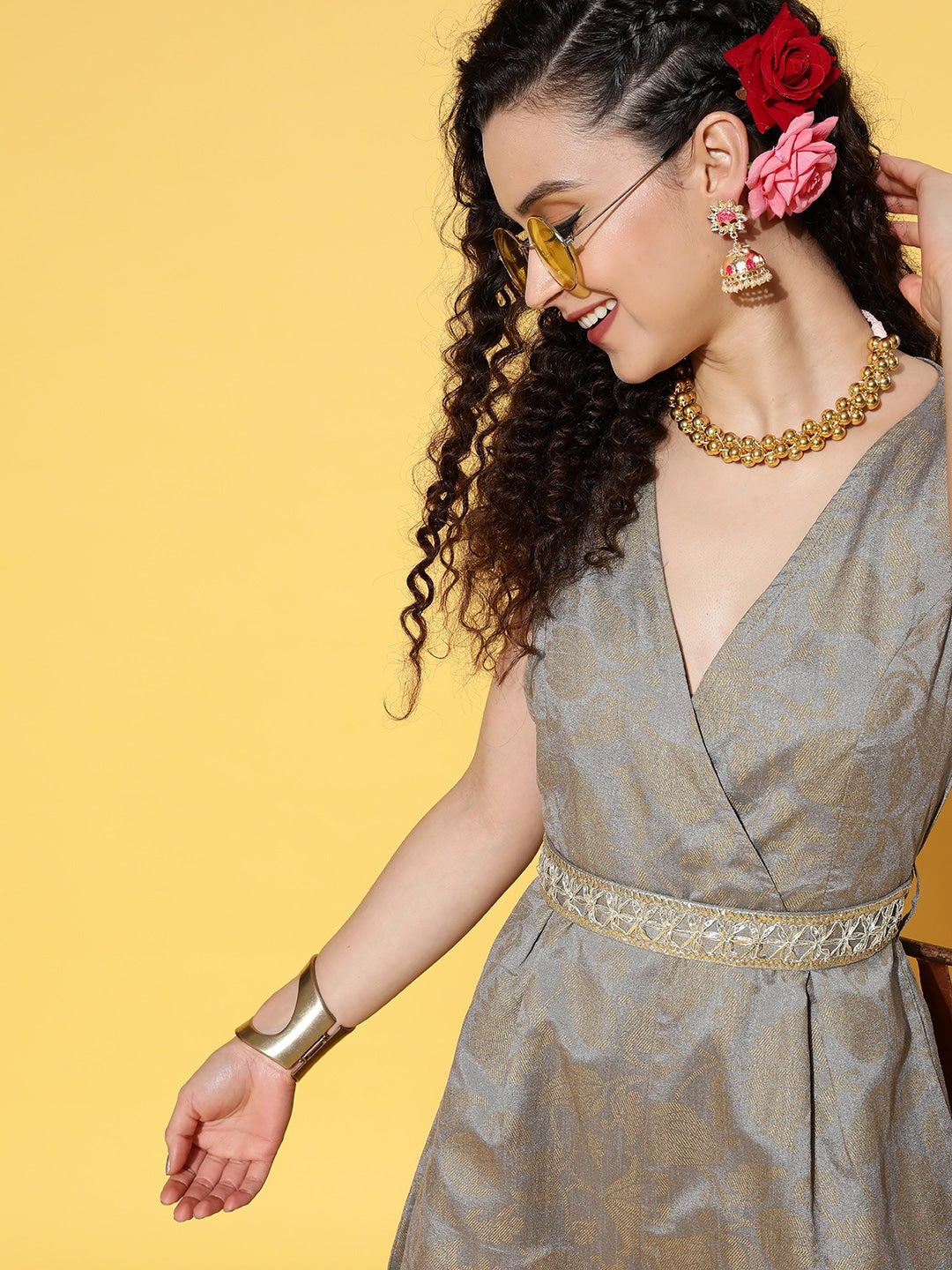 Grey Brocade Floral Wrap Kali Jumpsuit