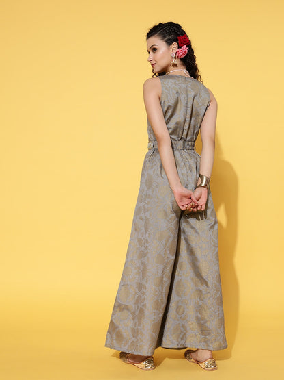 Grey Brocade Floral Wrap Kali Jumpsuit