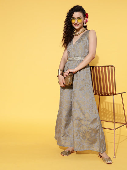 Grey Brocade Floral Wrap Kali Jumpsuit