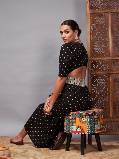 Black Foil Print Lace Detail Jumpsuit