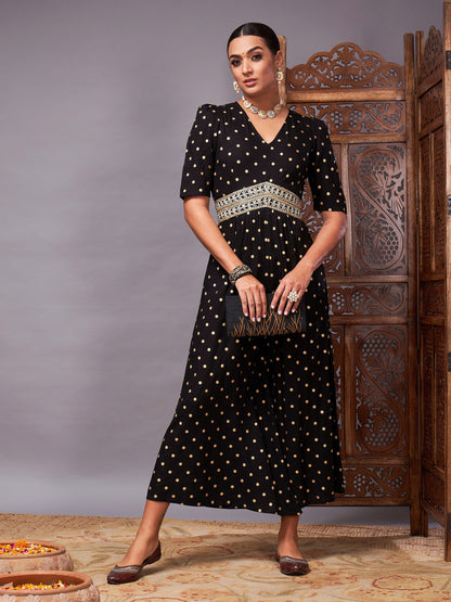 Black Foil Print Lace Detail Jumpsuit