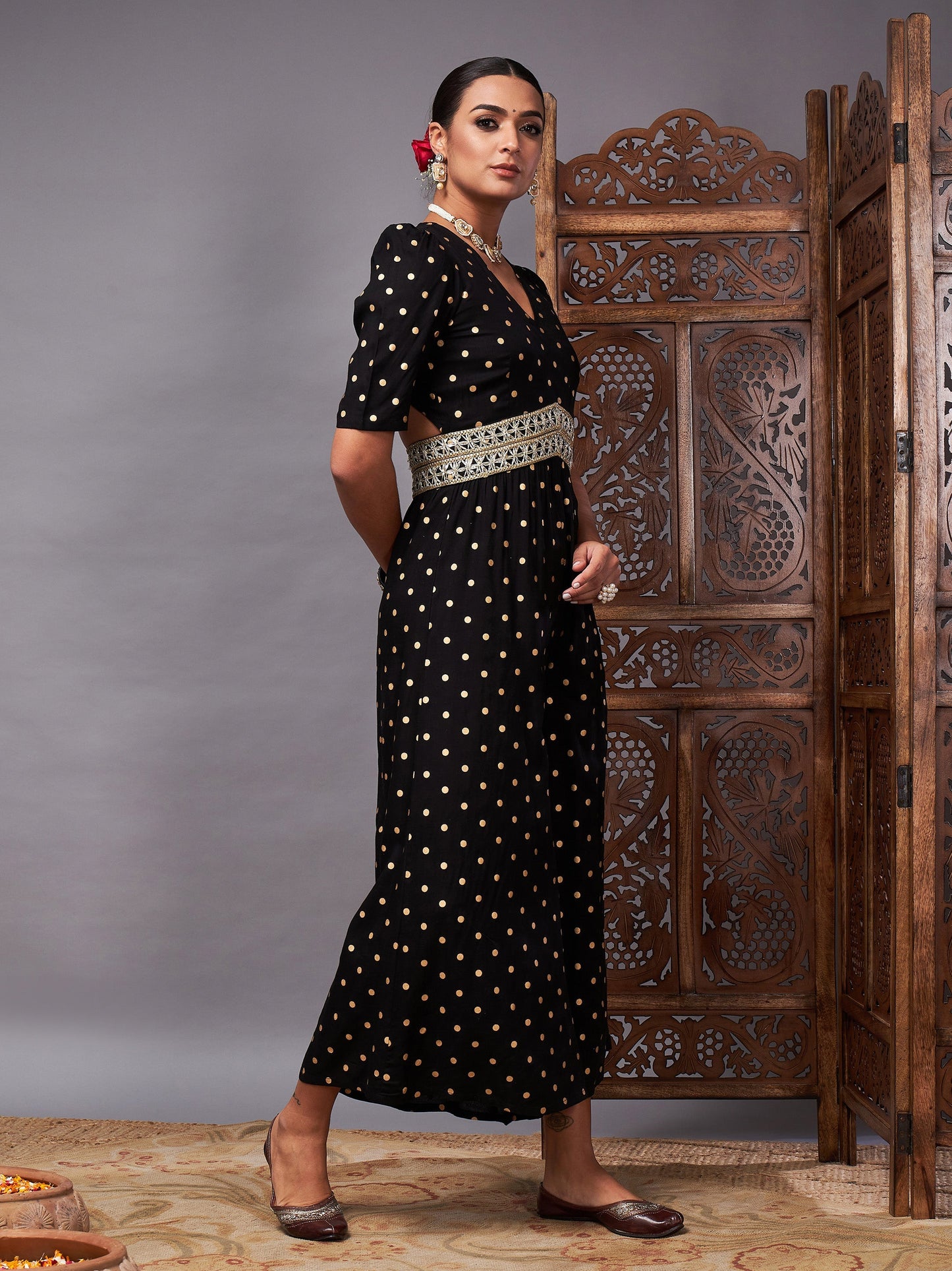 Black Foil Print Lace Detail Jumpsuit
