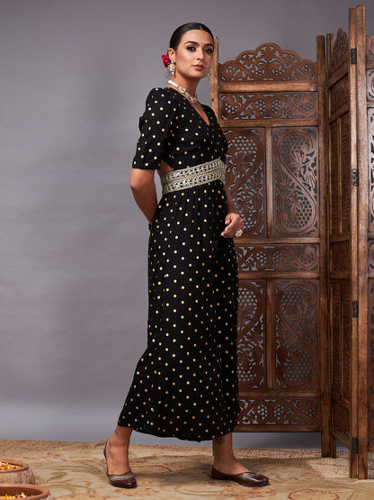 Black Foil Print Lace Detail Jumpsuit
