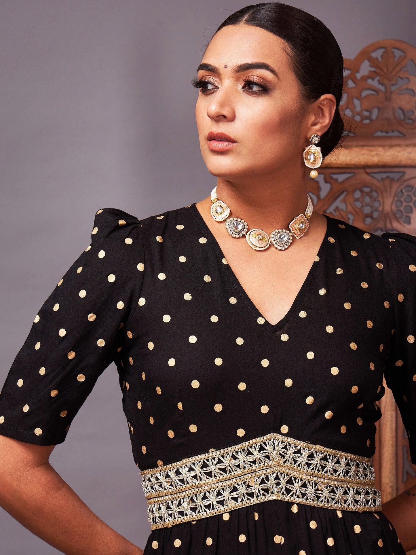 Black Foil Print Lace Detail Jumpsuit