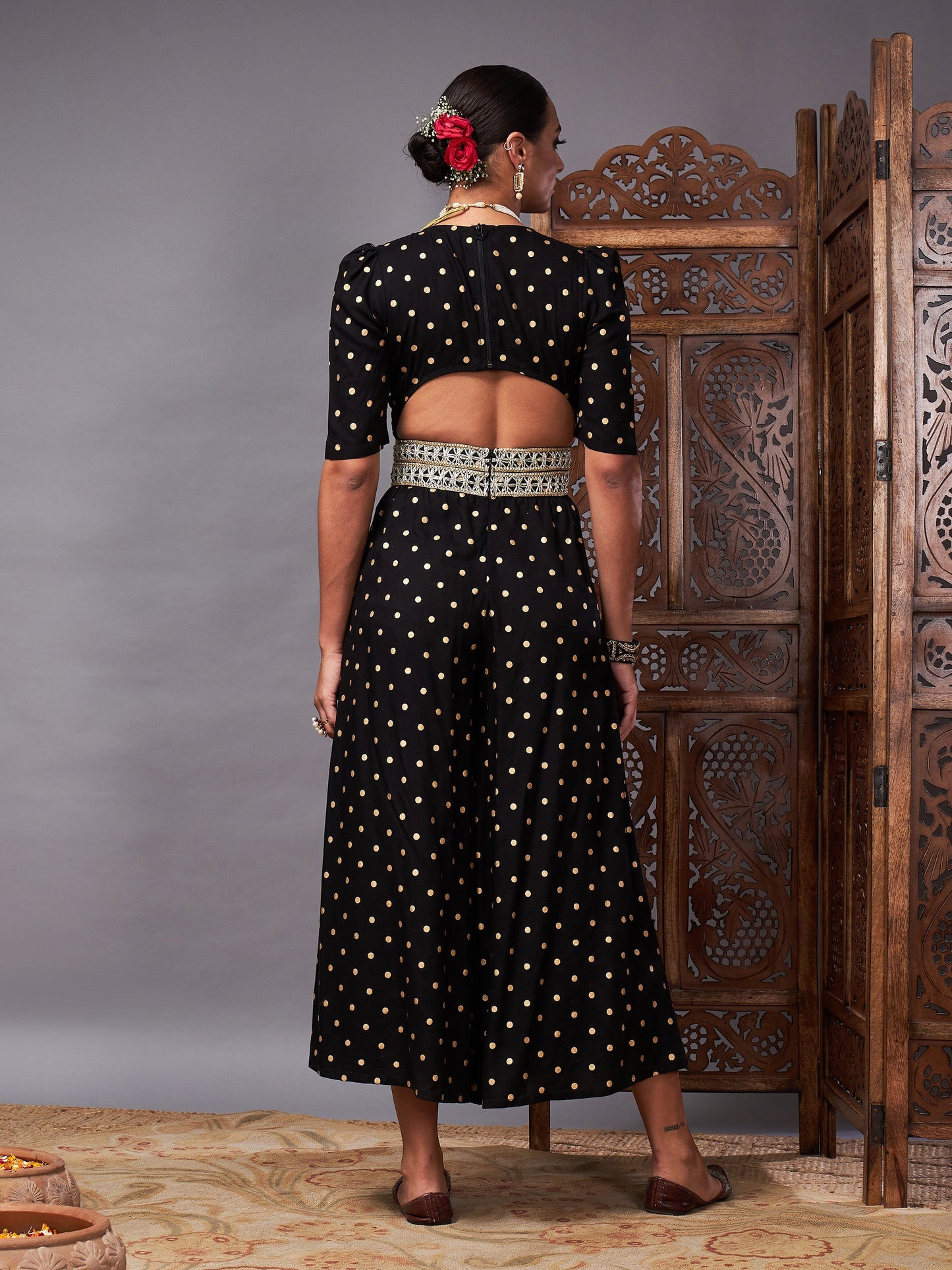 Black Foil Print Lace Detail Jumpsuit