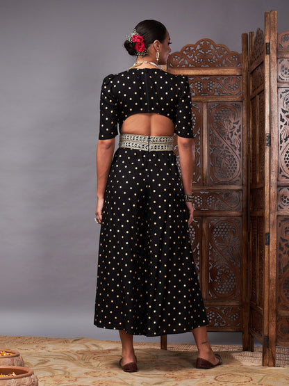 Black Foil Print Lace Detail Jumpsuit