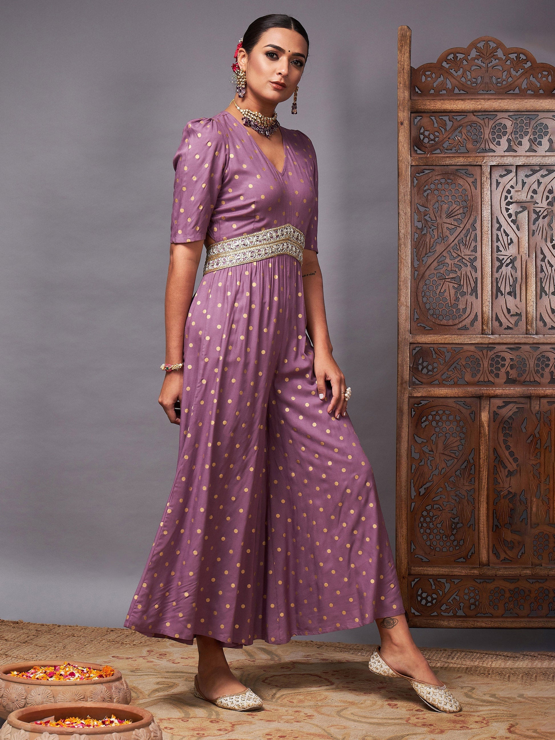 Lilac Foil Print Lace Detail Jumpsuit-Shae by SASSAFRAS