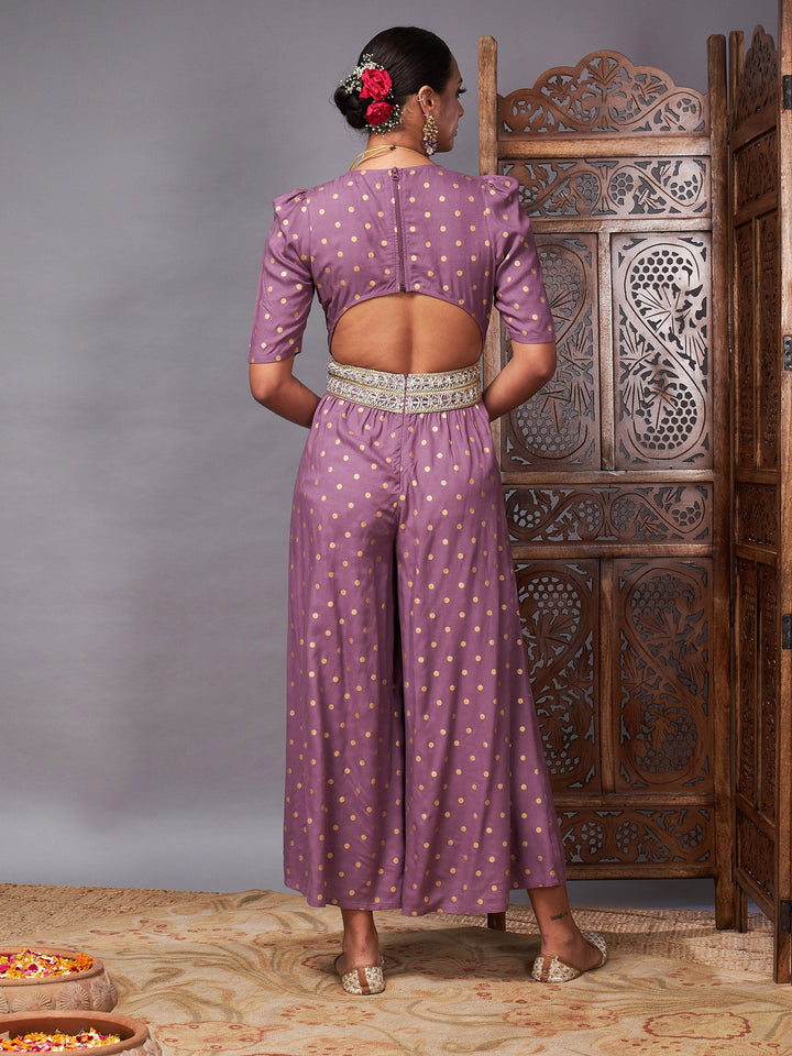 Lilac Foil Print Lace Detail Jumpsuit-Shae by SASSAFRAS