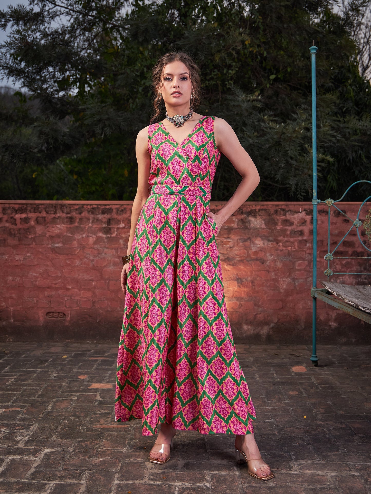 Pink & Green Floral Sleeveless Wrap Jumpsuits
