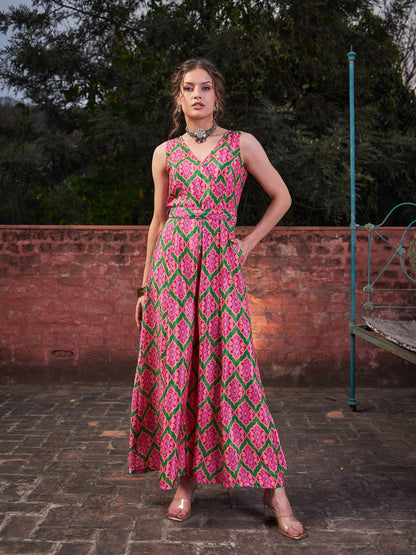 Pink & Green Floral Sleeveless Wrap Jumpsuits