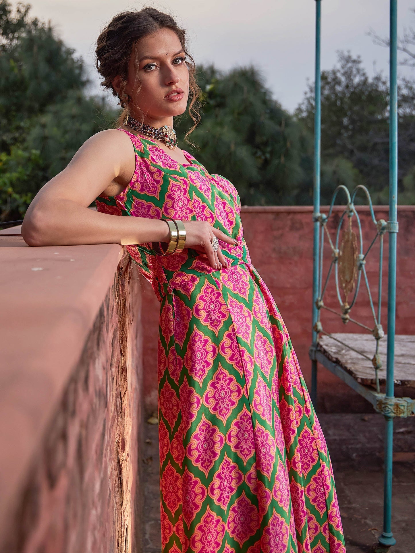 Pink & Green Floral Sleeveless Wrap Jumpsuits