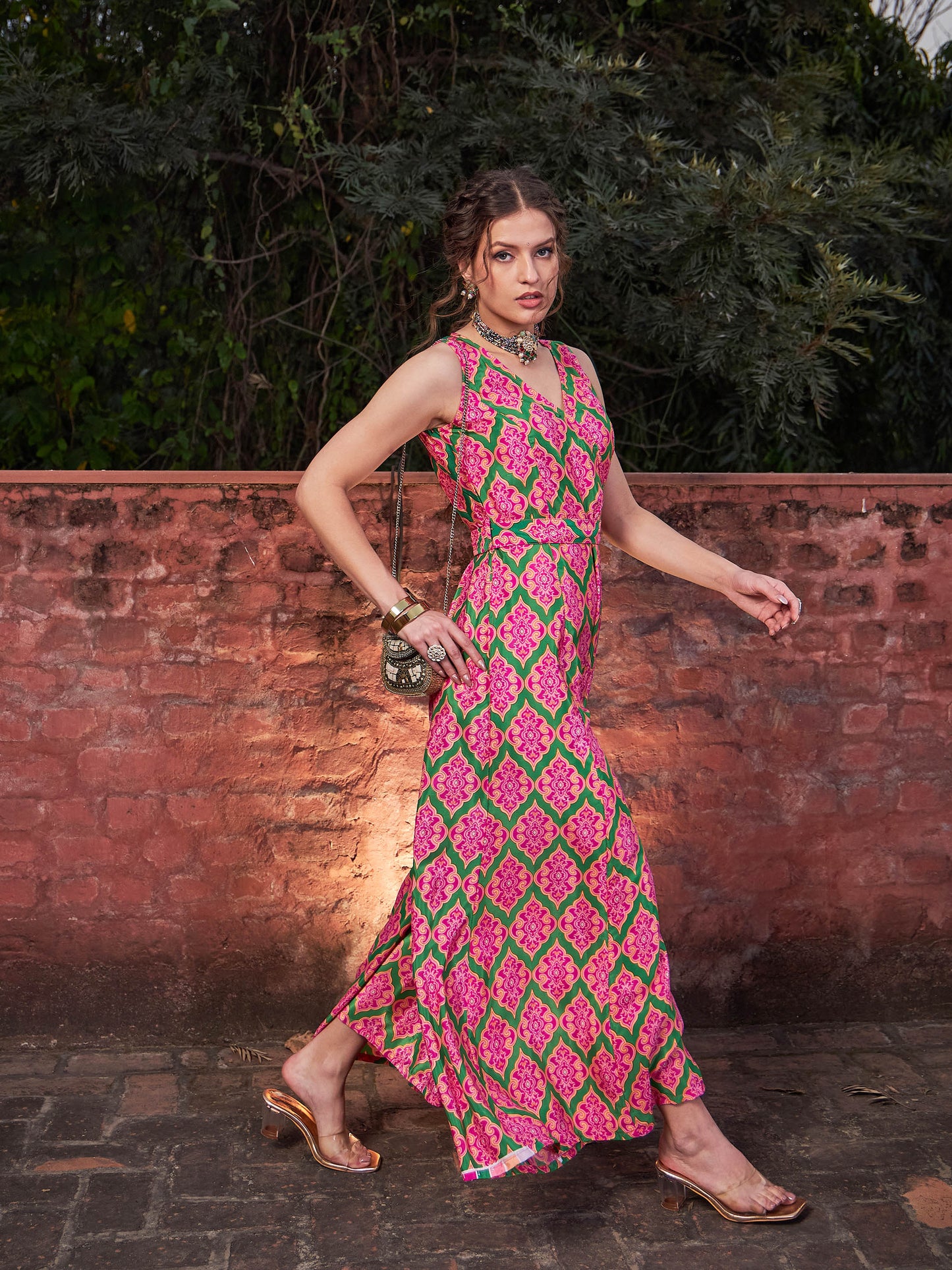 Pink & Green Floral Sleeveless Wrap Jumpsuits