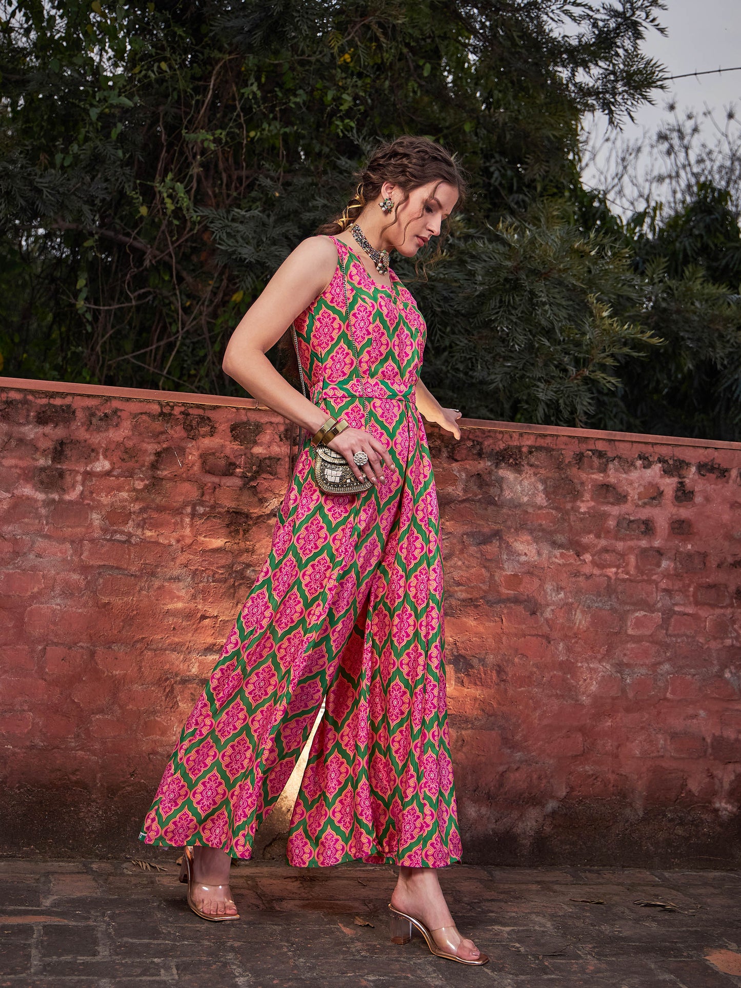Pink & Green Floral Sleeveless Wrap Jumpsuits