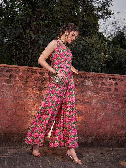 Pink & Green Floral Sleeveless Wrap Jumpsuits