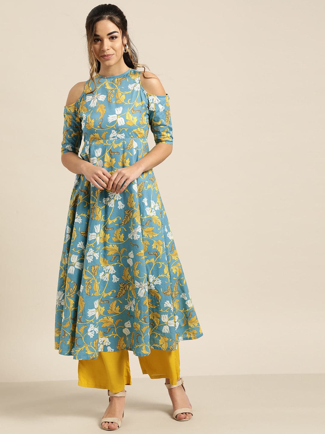 Women's Turquoise Floral Cold Shoulder Midi Kurta in Cotton by Shae for wholesale, bulk, supplier, manufacturer and wholesaler buyers from Trendphoria